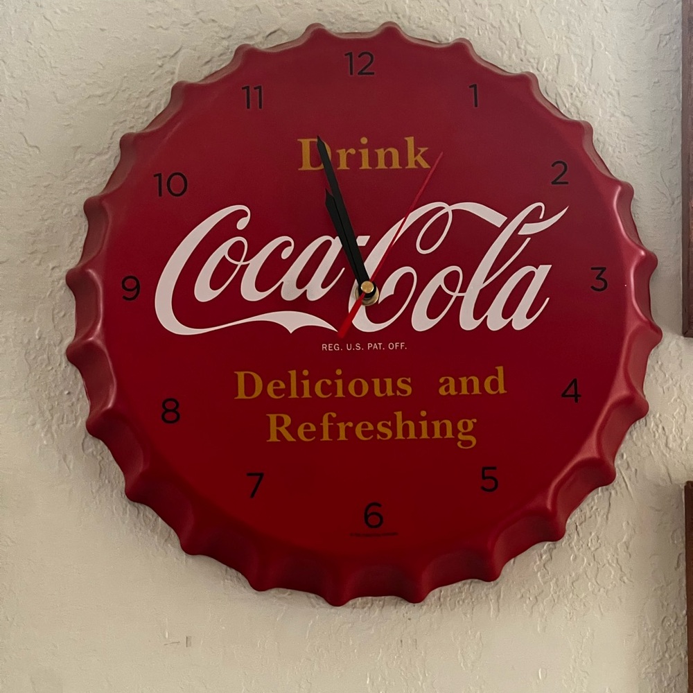 Coca Cola Red and White Bottle Cap Wall Clock with Yellow Accents